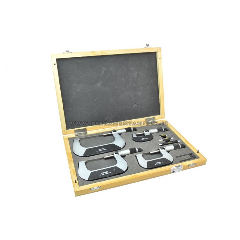 Set 4 Micrometri Per Esterni SOGI MIC-0-100 - Campo 0-100mm, Precisione 0.004/0.005mm, In Cassetta Legno